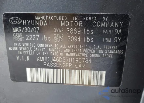 2007 Hyundai Elantra Gls/Limited/Se z USA, uszkodzony, nr VIN KMHDU46D57U193784